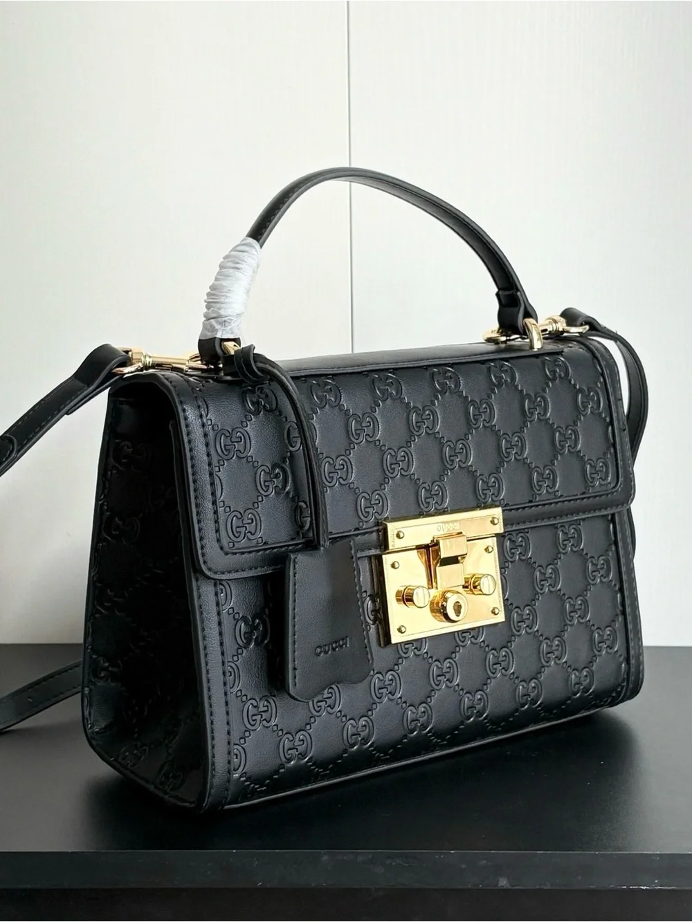 Gucci Black Embossed Leather Top Handle Satchel with Gold Hardware